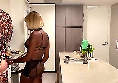 Ebony tranny domina punishes her bf in the kitchen
