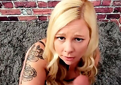 Blonde chick gives a blowjob before a doggy fuck followed by creampie