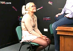 CFNM British babe blowing knob in office for better payme