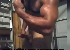 Super-Fucking-Hot Bodybuilder doing Karate and Bare Posing Flexing and Tugging off in the Garage