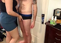 CFNM Hotwife Strips Cuckold to Tease his Locked Cock!