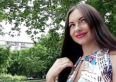 For cash Russian beauty sucks stranger's dick in forest