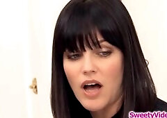 Blonde lesbian happens to share a hotel room with a straight brunette babe.Her roommate is down to have fun.She kisses her,removes her lingerie and li