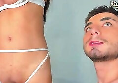 big boobs and big cock  tgirl in white stockings gets blowjob by lucky guy