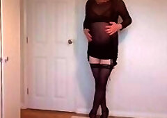 Black see-through dress and hold-up stockings