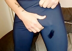 My thick cock climaxing in sheer cycling leggings