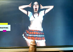 Young brunette in a skirt records herself giving a handjob and taking the cumshot on her face in her dorm room