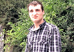 Adorable amateur guy rides hard dick in POV, OUTDOORS