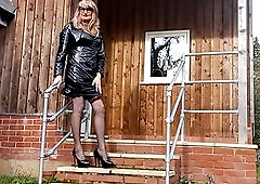 Crossdressing transsexual anal squirts milk at the village hall outdoors