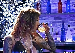 Filthy golden-haired stunner Karma Rxs flashy club wear shows off fabulous curves. In a spruce nightspot, this babe meets tall, longhaired Natalie Mar