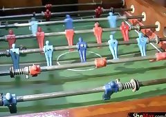 Four T-girls play football in lingerie and bang big asses