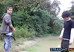 Horny thugs Devin and Nolan stroke their meats outdoors