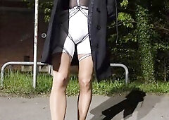 crossdresser cum in giant nylonbody and Harness