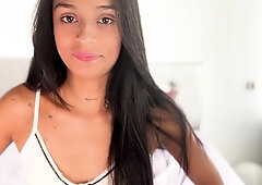 Big tit brunette sucks a big cock POV