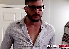 Three suited hunks share bareback office sex with rimming and deep ass licking