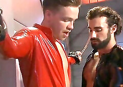 sadomasochism Poor twink In Shiny Catsuit fastened And poked