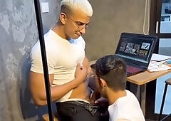 Monster cock gay blowjob leads to double climax