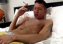 Skinny amateur twink Ryan Connors strokes cock and smokes