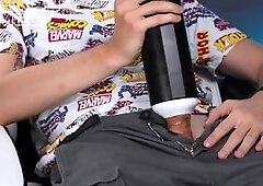 Lustful Chap Uses an Auto Blow Toy That Gives his Large Hard Dick a Meaty Climax Making his jock throb