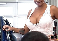 Busty bombshell gives her friend a rimjob after a hard day