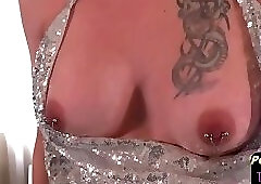 Classy inked up tgirl slowly strips off