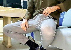 XXL jock in spin flops stroking off on a bed