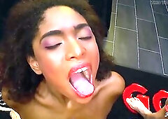 The lascivious ebony angel in a yellow suit kneels among exposed chaps and deepthroats multiple dicks in turn. This babe gets drilled hard in differen