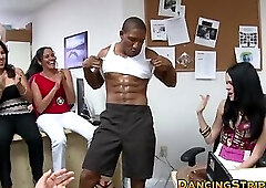 CFNM girls sucking interracial stripper cocks in office