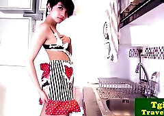 Small youthful ts Sofie in kitchen stripteasing and anal plays with large vibrator