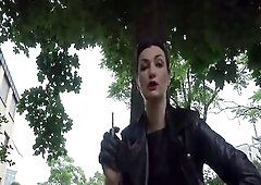 Absolutely clothed in leather, and I'm smokin' a cigarette. I use u as my ashtray. U should jerk off in front of me and u pull the bal lengt