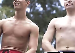 Eva Maxim's spit roast gangbang by two fit dudes