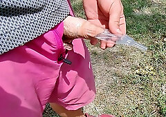 uncircumcised guy WS comp, guzzle, piss on humid cutoffs, outdoors