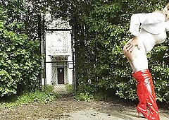 Crossdressing shemale Gina in 3rd compilation of squirting milk from her booty outdoors in public