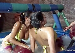 Three horny girls with big natural tits enjoy a wild and fun 3-way pussy penetration in stockings!