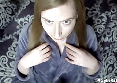 Adorable trans girl Acrylic Kate Quinn in POV giving a wild deepthroat to a fake penis