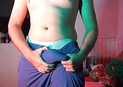 Guy shoots his load in lycra pants and underwear while clothed, enjoying some solo time