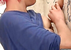 Cute girl sucks off tranny through glory hole and fucks