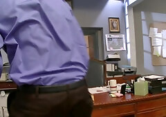 Blonde secretary bangs a well hung man in her office