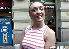 Whilst looking for a fresh model for our truck, we come across the pretty, golden-haired Amber walking along the street.