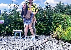 Wicked GF gets banged hard outdoors on a stool