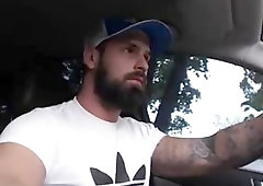 Tattooed Guy Jerking Cock in a Car