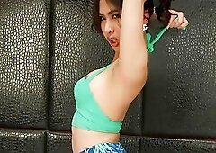 Lusty shemale masturbates her tight asshole on the bed