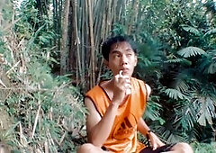 Slender gay Asian enjoys bareback sex with mature man outdoors