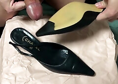 Cum in her shoes ! (Chanel black slingback heels)
