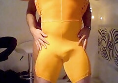 Admiring massive muscular bodybuilder stroking his meat