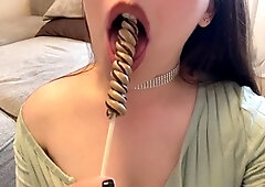 From craving a lollipop to craving a throbbing erection! Massive load swallowed in sloppy deepthroat!