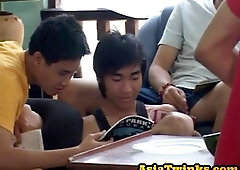 Skinny Asian amateurs wanking in group until shooting jizz