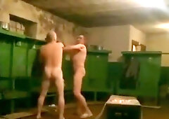 2 russian men fistfight naked in the locker room