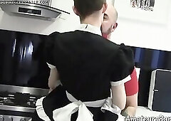 Twink maid with glasses fucked by bald daddy in kitchen