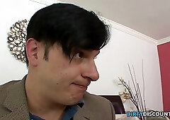 Slutty babysitter with big boobs is fucking her employer while his wife isn't at home